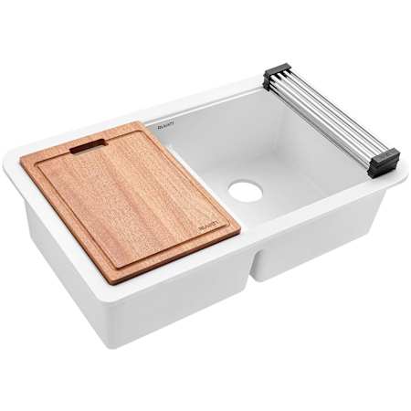 Ruvati epiGranite 32-1/2" Undermount Double Basin Granite Composite Kitchen Sink with Cutting Board Arctic White
