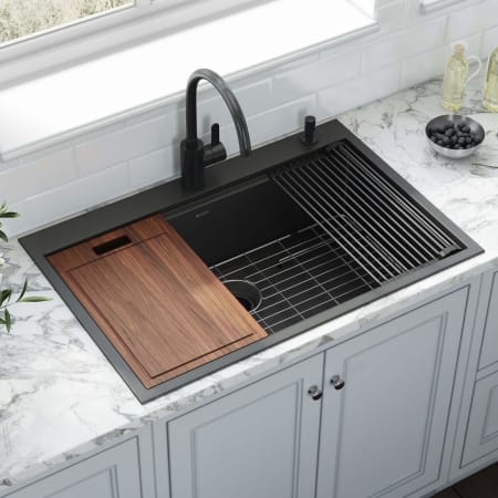 Ruvati Giana 33" Drop In Single Basin Stainless Steel Kitchen Sink with Basin Rack, Basket Strainer and Cutting Board Gunmetal Black