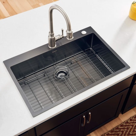 Ruvati Terraza 33" Drop In Single Basin Stainless Steel Kitchen Sink with Basin Rack and Basket Strainer Gunmetal Black
