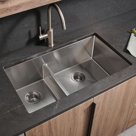 Ruvati Urbana 33" Undermount Double Basin Stainless Steel Kitchen Sink with Basket Strainer Stainless Steel