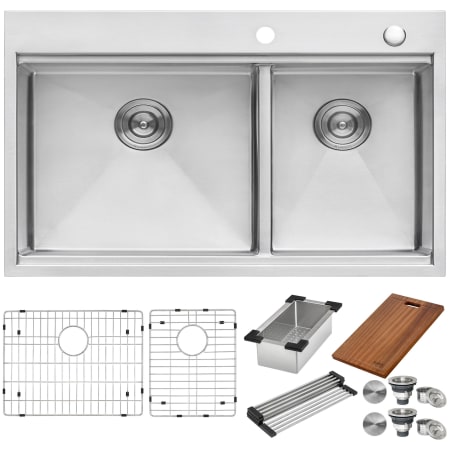 Ruvati Siena 33" Drop-In Double Basin Stainless Steel Kitchen Sink Includes Colander, Cutting Board, Basket Strainer, and Sink Grid Stainless Steel