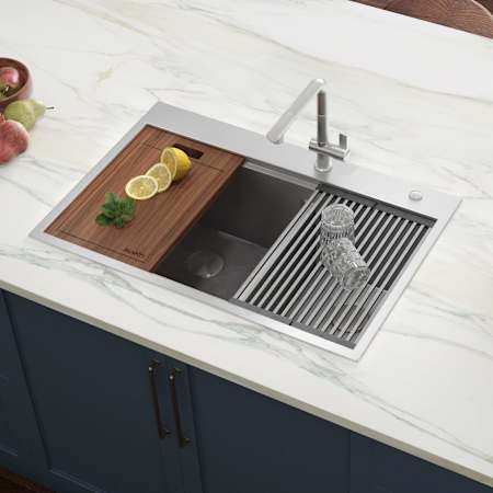 Ruvati Siena 33" Drop In Double Basin Stainless Steel Kitchen Sink with Basket Strainer, Colander and Cutting Board Stainless Steel