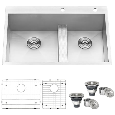Ruvati Tirana 33" Drop In Double Basin 16 Gauge Stainless Steel Kitchen Sink with 2 Basin Racks and 2 Basket Strainers Stainless Steel