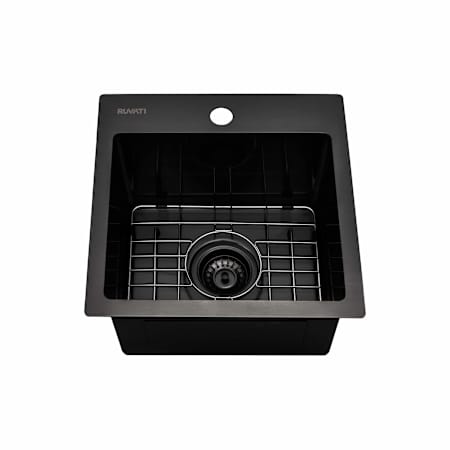 Ruvati Terraza 15" Drop In Single Basin Stainless Steel Bar Sink with Basin Rack and Basket Strainer Gunmetal Black