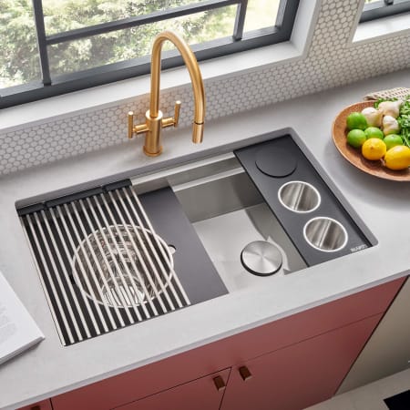 Ruvati Dual-Tier Nova 33-1/2" Undermount Single Basin Stainless Steel Kitchen Sink with Basket Strainer, Colander and Cutting Board Stainless Steel