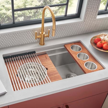 Ruvati Dual-Tier 36" Undermount Single Basin Stainless Steel Kitchen Sink with Basin Rack, Basket Strainer, Colander and Cutting Board Stainless Steel