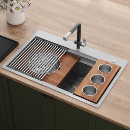 Ruvati Dual-Tier 33" Drop In Single Basin Stainless Steel Kitchen Sink with Basket Strainer, Colander and Cutting Board Stainless Steel