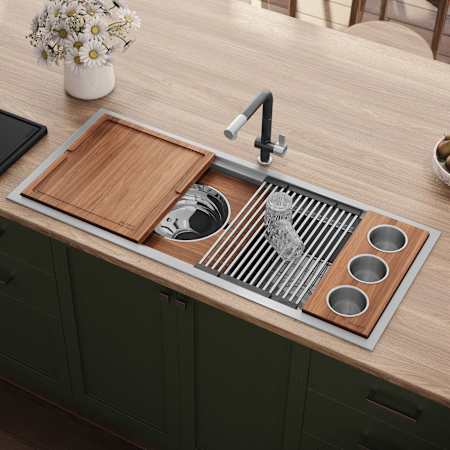 Ruvati Dual-Tier 45" Drop In Single Basin Stainless Steel Kitchen Sink with Basket Strainer, Colander and Cutting Board Stainless Steel