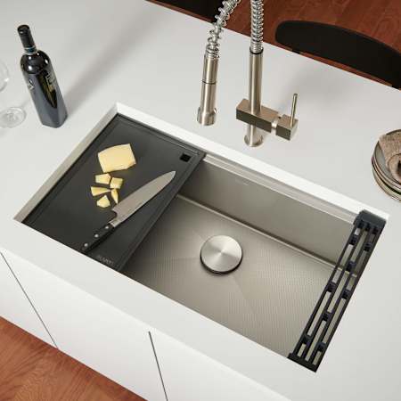Ruvati Roma Hex 33" Undermount Single Basin Stainless Steel Kitchen Sink with Basket Strainer and Cutting Board Stainless Steel