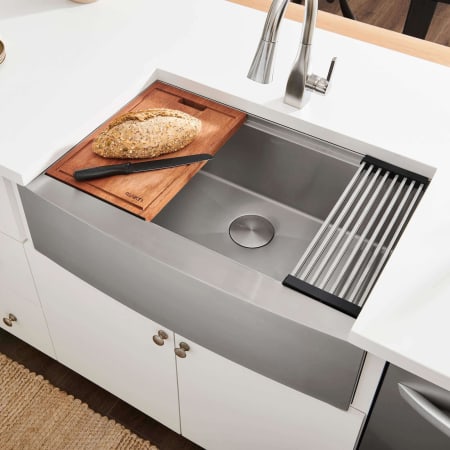 Ruvati Verona 30" Farmhouse Single Basin 16 Gauge Stainless Steel Kitchen Sink with Cutting Board, Colander, Basket Strainer, and Sink Grid Stainless Steel