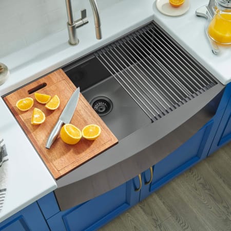Ruvati Monaco 30" Farmhouse Single Basin Stainless Steel Kitchen Sink with Basin Rack, Basket Strainer and Cutting Board Gunmetal Black