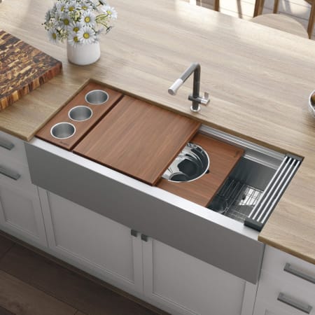 Ruvati Dual-Tier 45" Farmhouse Single Basin Stainless Steel Kitchen Sink with Basin Rack, Basket Strainer, Colander and Cutting Board Stainless Steel