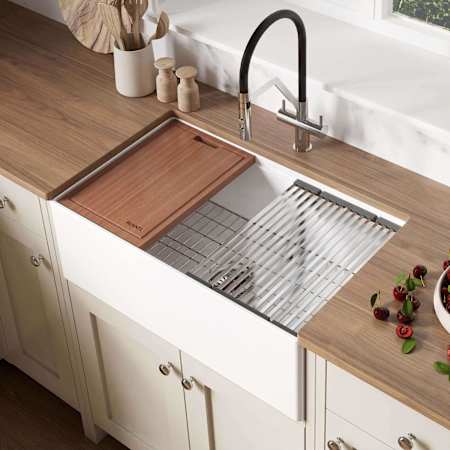 Ruvati Fiore 30" Farmhouse Single Basin Fireclay Kitchen Sink with Basin Rack and Cutting Board White