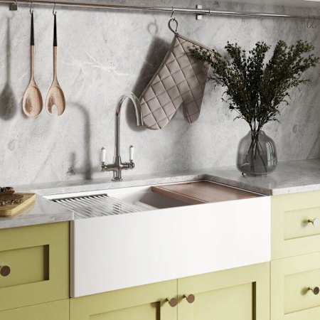 Ruvati Fiore 33" Farmhouse Double Basin Fireclay Kitchen Sink with Basin Rack and Cutting Board White