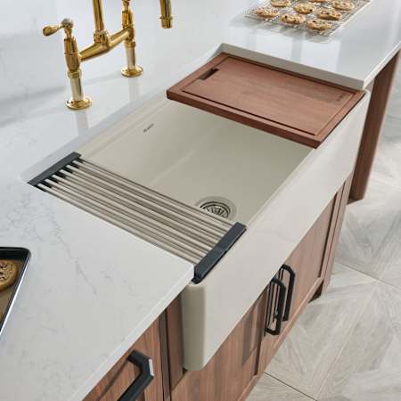 Ruvati Fiore 33" Farmhouse Single Basin Fireclay Kitchen Sink with Basket Strainer and Cutting Board Biscuit