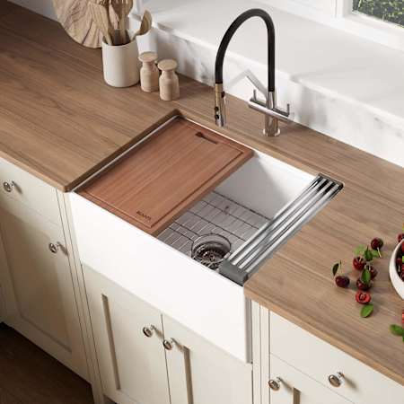 Ruvati Fiore 24" Farmhouse Single Basin Fireclay Kitchen Sink with Basin Rack and Cutting Board White