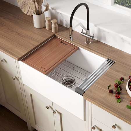 Ruvati Fiore 27" Farmhouse Single Basin Fireclay Kitchen Sink with Basin Rack and Cutting Board White