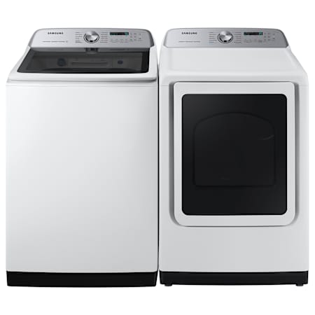 Samsung 28 Inch Wide 5.2 Cu. Ft. Top Load Washer and 27 Inch Wide 7.4 Cu. Ft. Electric Dryer Laundry Pair White