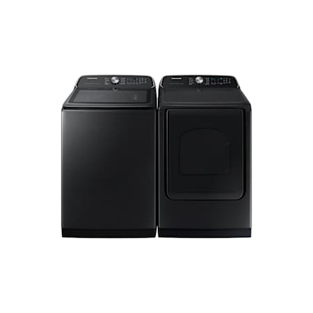 Samsung 28 Inch Wide 5.4 Cu. Ft. Top Load Washer and 27 Inch Wide 7.4 Cu. Ft. Electric Dryer Laundry Pair Brushed Black