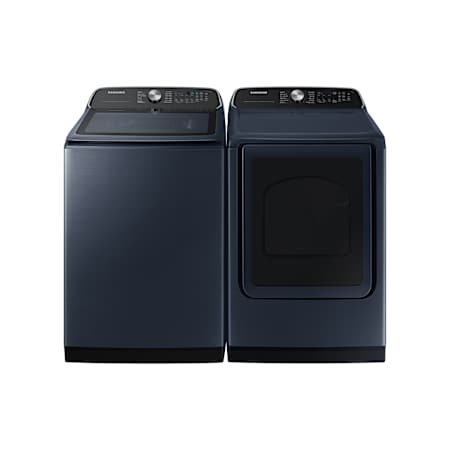 Samsung 28 Inch Wide 5.4 Cu. Ft. Top Load Washer and 27 Inch Wide 7.4 Cu. Ft. Electric Dryer Laundry Pair with Pet Care Wash Cycle Brushed Navy