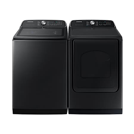 Samsung 28 Inch Wide 5.5 Cu. Ft. Top Load Washer and 27 Inch Wide 7.4 Cu. Ft. Electric Dryer Laundry Pair with Vibration Reduction Technology+ Brushed Black