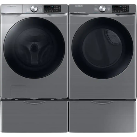 Samsung 27 Inch Wide 4.5 Cu. Ft. Front Loading Washer and 27 Inch Wide 7.5 Cu. Ft. Front Loading Gas Dryer Laundry Pair with Pedestal and Steam Sanitize+ Platinum