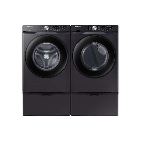 Samsung 27 Inch Wide 4.5 Cu. Ft. Front Load Washer and 27 Inch Wide 7.5 Cu. Ft. Gas Dryer Laundry Pair with Pedestal Brushed Black