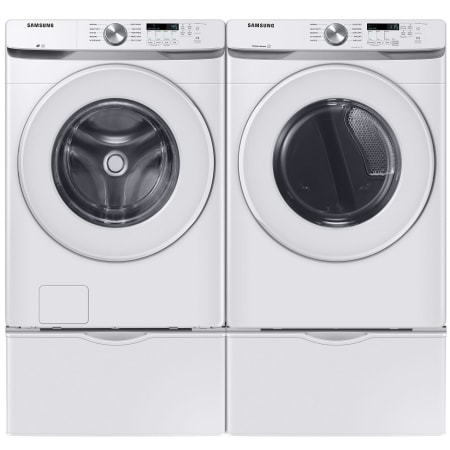 Samsung 27 Inch Wide 4.5 Cu. Ft. Front Loading Washer and 27 Inch Wide 7.5 Cu. Ft. Front Loading Gas Dryer Laundry Pair with Pedestal White