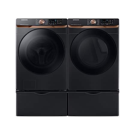 Samsung 27 Inch Wide 5 Cu. Ft. Front Load Washer and 27 Inch Wide 7.5 Cu. Ft. Gas Dryer Laundry Pair with Pedestal Brushed Black