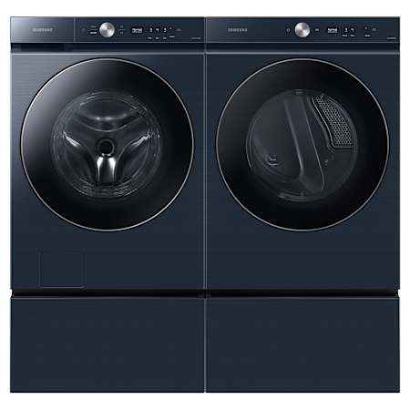 Samsung Bespoke 27 Inch Wide 5.3 Cu. Ft. Front Load Washer and 27 Inch Wide 7.6 Cu. Ft. Electric Dryer Laundry Pair with Pedestal Brushed Navy