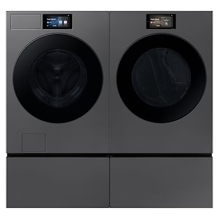 Samsung Bespoke 27 Inch Wide 5.3 Cu. Ft. Energy Star Certified Front Load Washer and 27 Inch Wide 7.6 Cu. Ft. Electric Dryer Laundry Pair with Pedestal Dark Steel