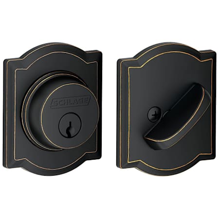 Schlage Single Cylinder Keyed Entry Grade 1 Deadbolt with Decorative Camelot Rose from the B-Series Aged Bronze