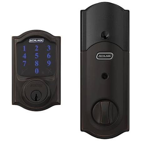 Schlage Connect Camelot Touchscreen Electronic Deadbolt with Built-in Alarm and Z-Wave Plus Technology Aged Bronze