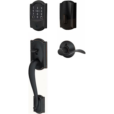 Schlage Encode Plus Camelot Right Handed Sectional Electronic Keyless Entry Handleset with Accent Interior Lever and Decorative Plymouth Trim Aged Bronze