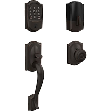 Schlage Encode Plus Camelot Sectional Electronic Keyless Entry Handleset with Georgian Interior Knob and Decorative Camelot Trim Aged Bronze