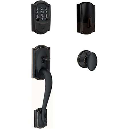 Schlage Encode Plus Camelot Sectional Electronic Keyless Entry Handleset with Siena Interior Knob and Decorative Georgian Trim Aged Bronze