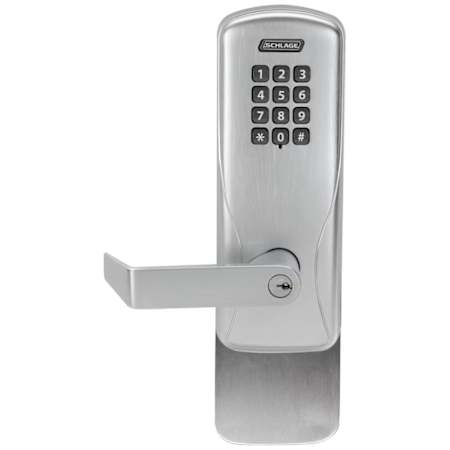 Schlage CO-Series Commercial Electronic Rim / Concealed Vertical Rod Exit Trim with Keypad and Rhodes Lever Less Schlage FSIC Cylinder Satin Chrome