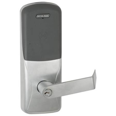 Schlage CO-Series Commercial Electronic Rim / Concealed Vertical Rod Exit Trim with Proximity and Rhodes Lever Less Schlage FSIC Cylinder Satin Chrome