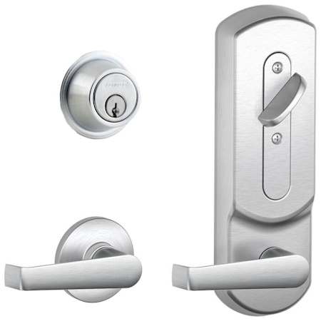 Schlage CS200-Series Commercial Grade 2 Interconnected Elan Entry Lever Set and Interchangeable Less Core Deadbolt with Plymouth Escutcheon Satin Chrome