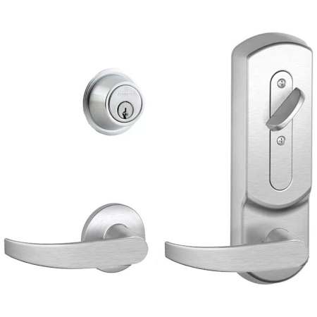Schlage CS200-Series Commercial Grade 2 Interconnected Single Lock Neptune Entry Lever Set and 6-Pin Cylinder Deadbolt with Plymouth Escutcheon Satin Chrome