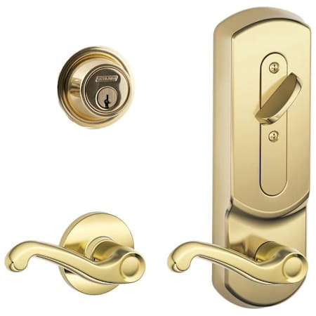 Schlage CS200-Series Commercial Grade 2 Interconnected Left Handed Flair Entry Lever Set and Full Interchangeable Core Deadbolt with Plymouth Escutcheon Polished Brass