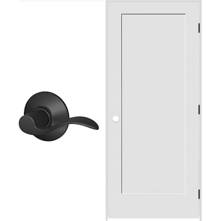 Schlage 28" W x 80" H Single Panel Right Handed Interior Prehung Door with 6-9/16" Door Jamb and Accent Passage Door lever Set Matte Black
