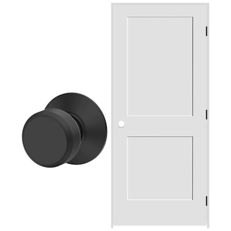 Schlage 30" W x 80" H Double Panel Right Handed Interior Prehung Door with 4-9/16" Door Jamb and Bowery Passage Door Knob Set Matte Black