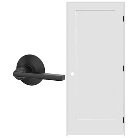 Schlage 28" W x 80" H Single Panel Right Handed Interior Prehung Door with 4-9/16" Door Jamb and Latitude Passage Door Lever Set Matte Black