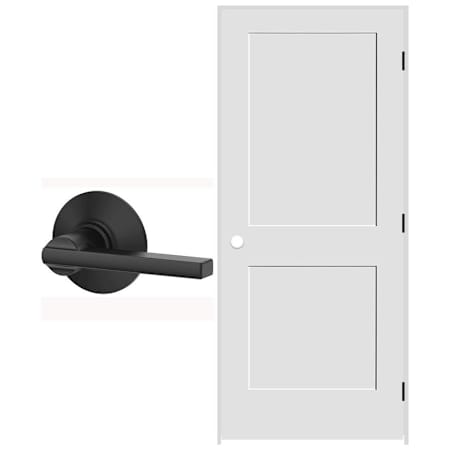 Schlage 28" W x 80" H Double Panel Right Handed Interior Prehung Door with 4-9/16" Door Jamb and Latitude Passage Door Lever Set Matte Black