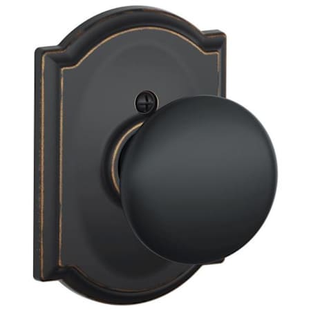Schlage Plymouth Non-Turning One-Sided Dummy Door Knob with the Decorative Camelot Rose Aged Bronze