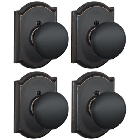 Schlage Plymouth Non-Turning One-Sided Dummy Door Knob with the Decorative Camelot Rose - Pack of 4 Aged Bronze