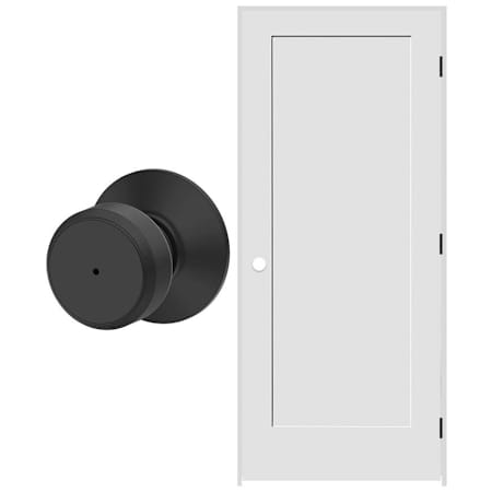 Schlage 28" W x 80" H Single Panel Right Handed Interior Prehung Door with 4-9/16" Door Jamb and Bowery Privacy Door Knob Set Matte Black