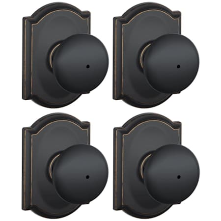 Schlage Plymouth Privacy Door Knob Set with Decorative Camelot Trim - Pack of 4 Aged Bronze