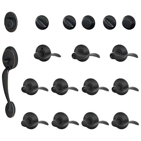 Schlage Plymouth Complete House Door Hardware Package with Accent Interior Levers and Left Handed Exterior Front Door Handleset Aged Bronze